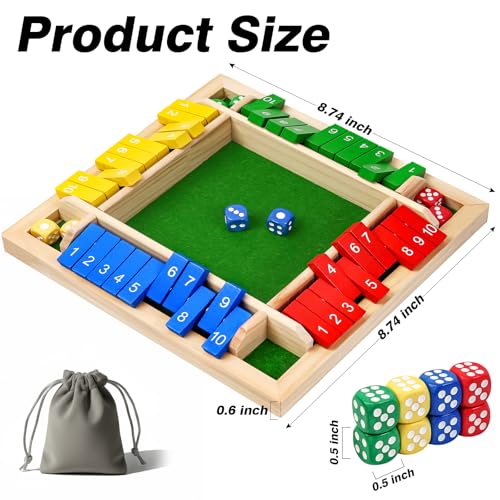 Shut The Box Game Wooden Board Dice Game, 2-4 Players Table Math Games for Kids and Adults, Fun Family Game Night Classroom Home Party or Pub Strategy Games