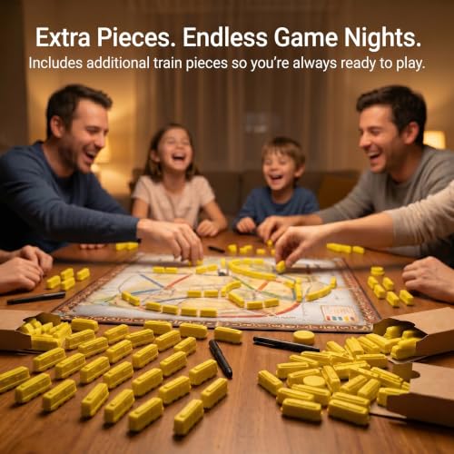 Replacement Train Pieces Compatible with Ticket to Ride (Yellow) | Includes 45 standard train tokens, one marker and additional spare trains. - color: Yellow
