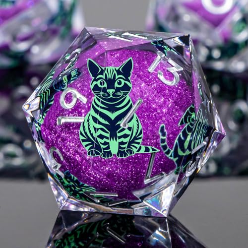 KERWELLSI Cat Liquid Core DND Dice Set with Gift Box, 7Pcs Resin Dungeons Sharp Edge D&D Dice, Dragons D and D Role Playing Dice D20 D12 D10 D8 D6 D4, Purple and Light Green Cat - color: Purple and Light Green Cat