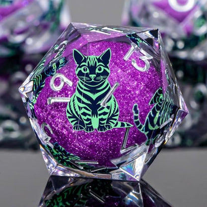 KERWELLSI Cat Liquid Core DND Dice Set with Gift Box, 7Pcs Resin Dungeons Sharp Edge D&D Dice, Dragons D and D Role Playing Dice D20 D12 D10 D8 D6 D4, Purple and Light Green Cat - color: Purple and Light Green Cat