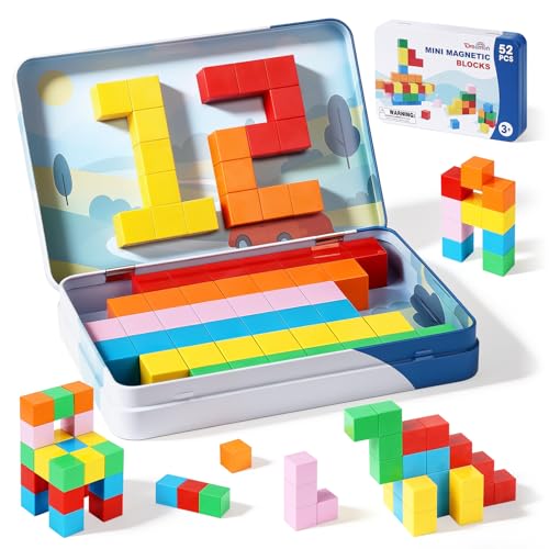 52 PCS Magnetic Blocks with Metal Box, 0.8in Mini Building Cubes Travel Toy | Magnetic Building Blocks Travel Airplane Classroom Toys for Kids Ages 3+, STEM Educational Toys for Boys Girls Birthday Gifts - color: Colorful