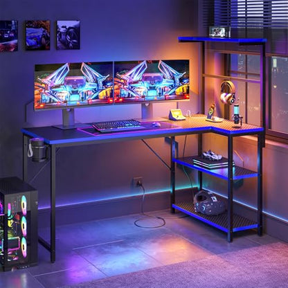52" L-Shaped Gaming Desk with Power Outlets LED Lights, Black&Blue | Reversible Design, LED Lights, 4-Tier Storage Shelves, Headphone Hook, Foldable Cup Holder, Computer Desk, Home Office - color: Black&blue, size: 52 Inch