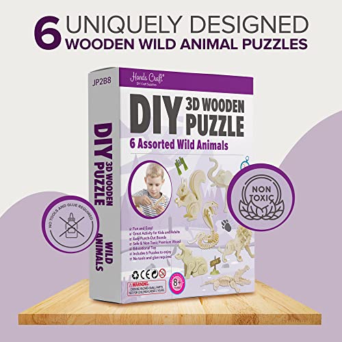 Hands Craft DIY 3D Wooden Puzzle – 6 Assorted Wild Animals Bundle Pack Set Brain Teaser Puzzles Educational STEM Toy Adults and Kids to Build Safe and Non-Toxic Easy Punch Out Premium Wood JP2B8 - color: Wild Animals