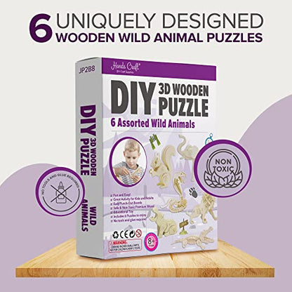 Hands Craft DIY 3D Wooden Puzzle – 6 Assorted Wild Animals Bundle Pack Set Brain Teaser Puzzles Educational STEM Toy Adults and Kids to Build Safe and Non-Toxic Easy Punch Out Premium Wood JP2B8 - color: Wild Animals