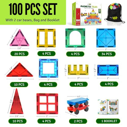 Magnetic Tiles 100 pcs with 2 Cars, STEM Building Blocks for Kids, Educational Gift, Magnet Construction Toys for Toddlers, School Teacher Supplies, Classroom Must-Haves - style: 100 Pieces