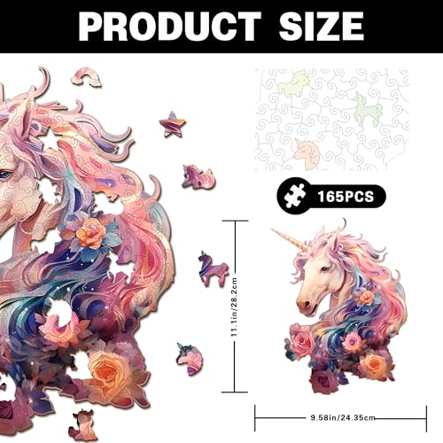 Wooden Jigsaw Puzzles for Adults, Unicorn Jigsaw Puzzles 165 Pieces, Unique Animal Shaped Wooden Puzzles for Adults and Kids, Family Game 11.1x9.58 Inch