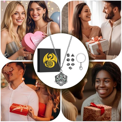 Mini DND Dice Set with Hollow D20 Metal Case Portable Keychain Necklace, Tiny 7pcs Polyhedral D&D Dice Set, DND Gifts with Gift Box, D&D Accessories for RPG（Green Diamond, Silver） - color: Dark Silver