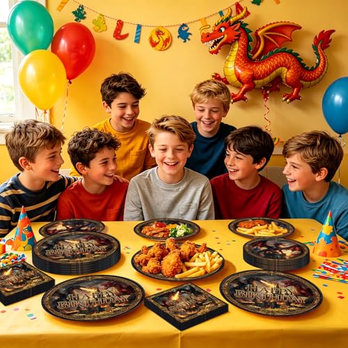 96 Pcs Dragon Themed Birthday Party Decorations, Serves 24 | Medieval Fire Dragon Castle Plates and Napkins Fantasy Knight Theme Tableware Set for Boys Man Girls Party Supplies - style: Treasure Western Dragon Plates m
