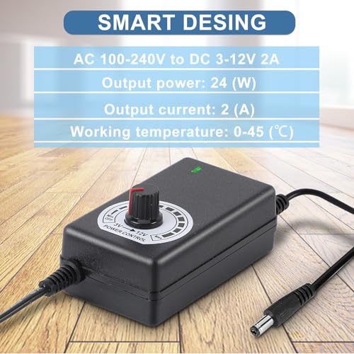 AC to DC Adapter Speed Controller Switch, 3‑12V 2A Adjustable Power Supply Speed Controller, Motor Speed Controller with US Plug 110-240V
