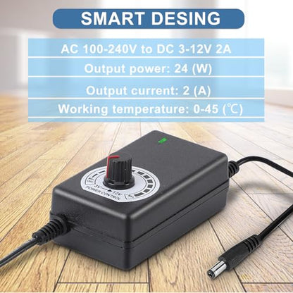 AC to DC Adapter Speed Controller Switch, 3‑12V 2A Adjustable Power Supply Speed Controller, Motor Speed Controller with US Plug 110-240V