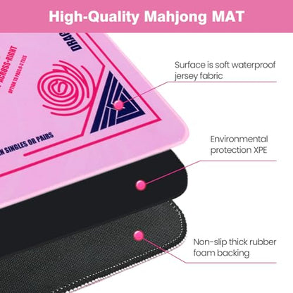 Mahjong Mat with Rules (33"x33") American Mah Jongg Mat for Table (Pink) | Noise Reduction Non-Slip Mahjong Table Mat (3 Dice & Carrying Bag), Neoprene Gaming Mat for Mahjong Tile/Card/Dominoes Games - color: Pink