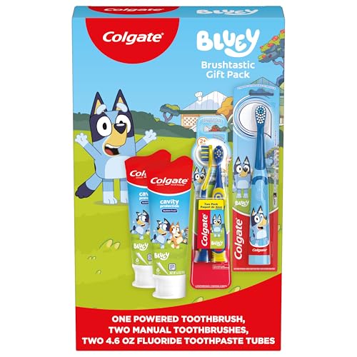 Colgate Kids Bluey Toothbrush and Kids Toothpaste Gift Set, Includes Bluey-Themed Battery Toothbrush, 2 Bubblegum Flavored Fluoride Toothpastes, and 2 Manual Toothbrushes - style: Bluey