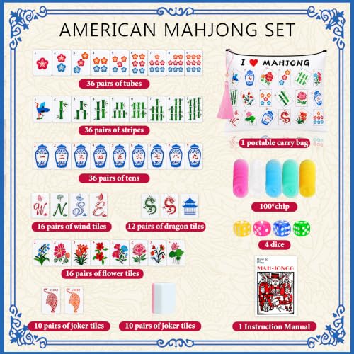 Mahjong Tile Set, 168 American Mahjong Sets with Bag and Mah Jongg Accessories for Travel Parties Family Game Night Gifts(1.2")