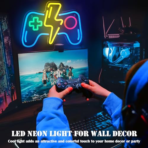 LED Game Neon Sign Light for Gamer Room Decor USB Powered with Switch Gaming Accessories Acrylic Gamepad Neon Sign for Video Game Room Teen Boy Bedroom Wall Decor Gift Ideas for Gamer Christmas - style: Lightning Blue Gampad