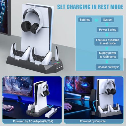 PS5/PS5 Slim/PS5 Pro Stand and Cooling Station with Dual Controller Charging Station for PlayStation 5 Console, PS5 Accessories Incl. Controller Charger, Cooling Fan, Headset Holder, 3 USB Hub, Black - color: Black