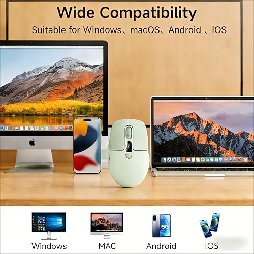 Wireless Bluetooth Mouse with Visible Battery & DPI Screen, Multi-Device BT & 2.4G Computer Mouse, 500 mAh Rechargeable, 1600DPI, Silent Portable Optical Mice for Laptop, PC, Mac, iPad - Green - color: Green