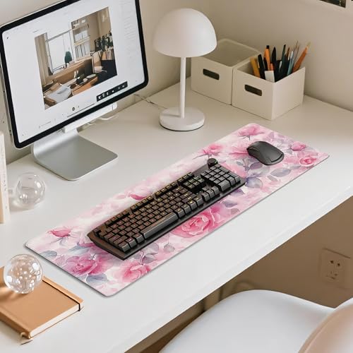 31.5”x11.8”Large Gaming Mouse Pad for Desk, Mouse Mat with Seamed Edges, Waterproof Desk Pad, Non-Slip Rubber Base, Keyboard Pad Computer Mat, Big XL Mousepad-Pink Roses Watercolor - color: Pink Roses Watercolor