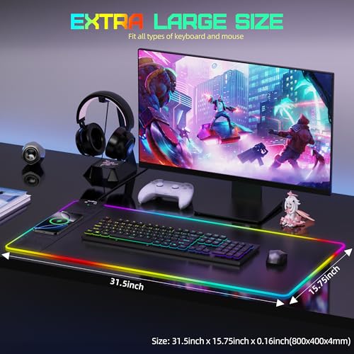 RGB Gaming Mouse Pad with Wireless Charging, Large Desk Mat, 31.5"x11.8" | XXL LED Mousepad, Ultra-Smooth Surface, Non-Slip Rubber Base, Waterproof Computer Keyboard Pad for Gamer, Black - color: Black-rgb+wireles Charging
