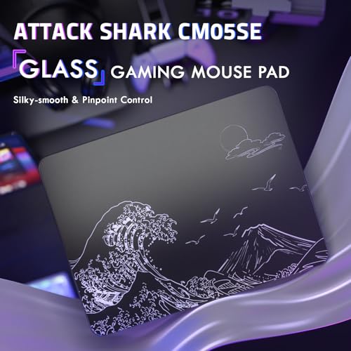 ATTACK SHARK CM05SE Glass Gaming Mouse Pad for FPS & Esports, Nano-Etched Tempered Glass Surface,Ultra-Smooth Low Friction Hard Mousepad,Waterproof Large Desk Mouse Mat for PC Setup,White Wave - color: White Wave