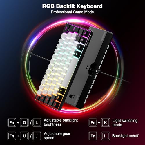 Snpurdiri 60% Wired Gaming Keyboard, 61 Keys RGB Backlit Ultra-Compact Small Gaming Keyboard, for PC/Mac Gamer, Typist, Travel, Easy to Carry on Business Trip(Black-White) - color: Black and White
