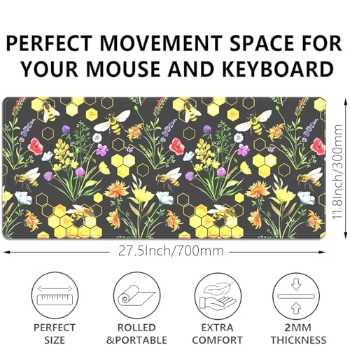 Bees and Honeycombs Mouse Pad,XL Large Wildflowers Mousepad Desk Pad with Stitched Edges,Non-Slip Waterproof Rubber Base Mouse Mat Desk Mat for Office Computer Keyboard Laptop Home 27.5x11.8 in - color: Bees and Flowers
