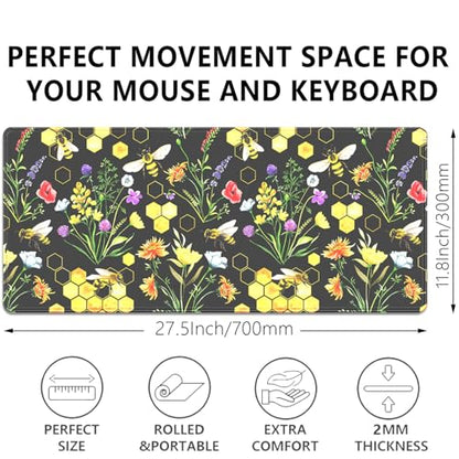 Bees and Honeycombs Mouse Pad,XL Large Wildflowers Mousepad Desk Pad with Stitched Edges,Non-Slip Waterproof Rubber Base Mouse Mat Desk Mat for Office Computer Keyboard Laptop Home 27.5x11.8 in - color: Bees and Flowers