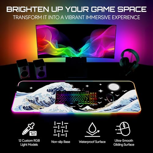 Gerlos RGB Gaming Mouse Pad, Large LED Desk Mat, 31.5 x 11.8 Inch | 12 light modes, non-slip base, water-resistant surface, stitched edges - color: Wave