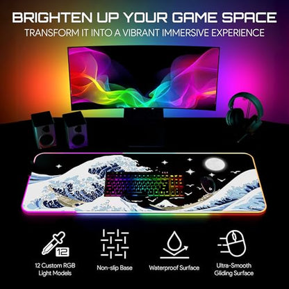 Gerlos RGB Gaming Mouse Pad, Large LED Desk Mat, 31.5 x 11.8 Inch | 12 light modes, non-slip base, water-resistant surface, stitched edges - color: Wave