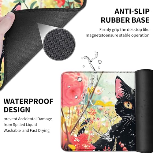 Mouse Pad Desk Mat Ergonomic Wrist Support Pad Set,Mouse Wrist Rest Keyboard Pad with Stitched Edges and Non Slip Base-Black Cat Pink Flowers Cartoon - color: Black Cat Pink Flowers Cartoon