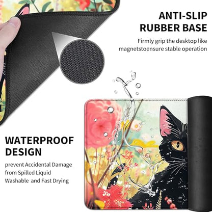 Mouse Pad Desk Mat Ergonomic Wrist Support Pad Set,Mouse Wrist Rest Keyboard Pad with Stitched Edges and Non Slip Base-Black Cat Pink Flowers Cartoon - color: Black Cat Pink Flowers Cartoon