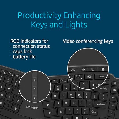 Kensington Pro Fit Ergo Wireless Keyboard KB675, Ergonomic, Rechargeable, Bluetooth & 2.4GHz Connection, Programmable Keys, Black, K75491US | Ergonomic layout, rechargeable, Bluetooth and 2.4GHz connection, programmable keys - style: rechargeable keyboard