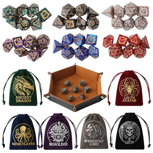 Grajar Vintage Boss Totem 42 Piece Polyhedral Dice Set with 6 Color Matched Velvet Boss Pouches & PU Leather Dice Tray for Dungeons & Dragons, RPG & Tabletop Games - style: Vintage Boss
