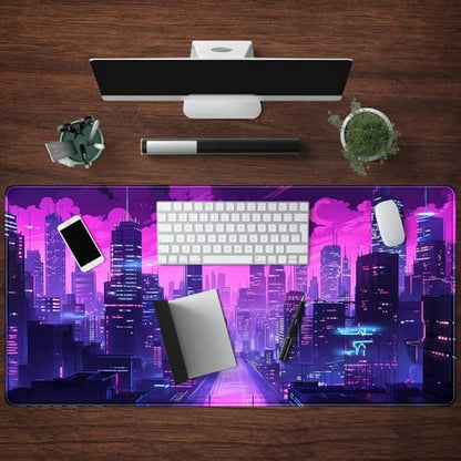 Cyberpunk Neon Purple City Gaming Desk Mouse Pad XL Pink Extended Mouse Pad Gaming, Keyboard Pc Office Laptop Mousepad Large, 31.5x15.8 in with Stitched Eges Non-Slip Base Mouse Pads - color: City Skyline
