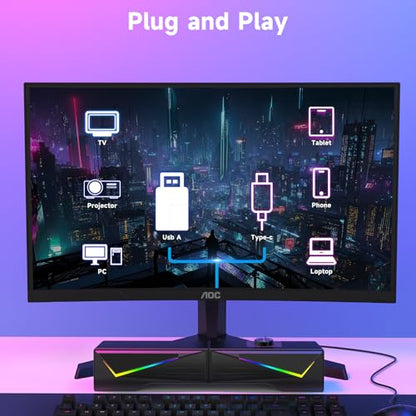AOC Computer Speakers for Desktop, Bluetooth & USB Input, USB Powered Gaming Stereo Speakers for PC Laptop Monitor, 6 Colorful RGB Modes, Detachable 2-in-1 Design (Package Only 2 Speaker)