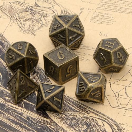 Metal Dice Set, HNCCESG Polyhedral D&D Dice for Dungeons and Dragons RPG DND Dice for Role Playing MTG Tabletop Gaming Shadowrun Pathfinder 7PCS D20 D12 D10 D8 D6 D4（Antique Bronze） - color: Antique Bronze