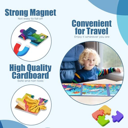 Magnetic Puzzles for Toddlers 3-5 Toddler Puzzle Travel Toys （Sea） | Jigsaw Puzzles for Kids 75-Pieces Travel Toys Sea Puzzles Ages 4-6 Road Car Trip & Airplane Activities - style: Sea