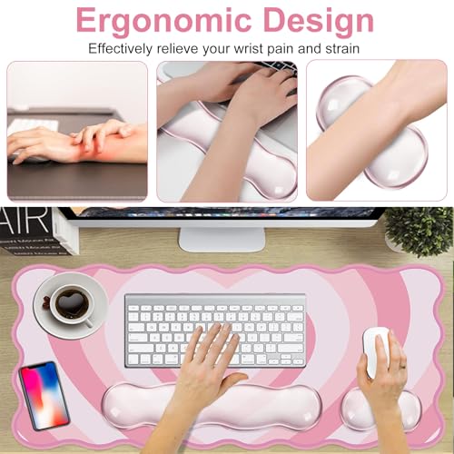 L-SPOUTTO Pink Heart Mouse Pad Set,Scalloped XXL Desk Mat + Ergonomic Mouse Wrist Rest + Gel Keyboard Wrist Rest for Keyboard 65%/75%,3in1 Large Desk Pad for Desktop Home Office Computer Game - color: Pink Heart
