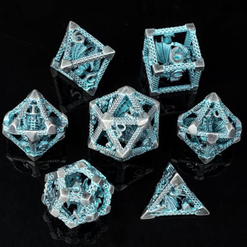 Hollow Metal DND Dice Set, 7-Piece Polyhedral RPG Gaming Dice with 3D Dragon Design, Cyan, for Dungeons and Dragons, Pathfinder, MTG - color: 3d Dragon Cyan