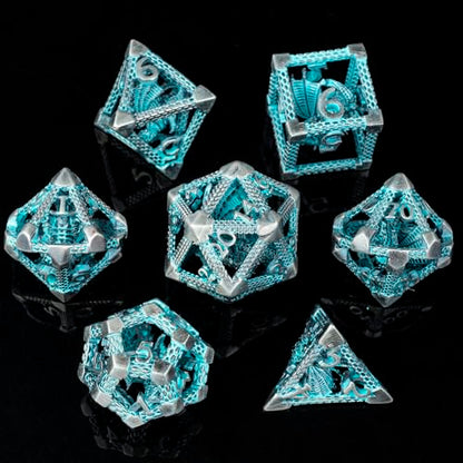 Hollow Metal DND Dice Set, 7-Piece Polyhedral RPG Gaming Dice with 3D Dragon Design, Cyan, for Dungeons and Dragons, Pathfinder, MTG - color: 3d Dragon Cyan