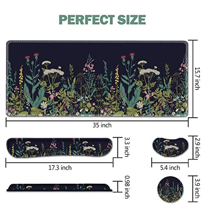AIMSA Large Gaming Mouse Pad Set, Keyboard Wrist Rest Support + Extended Mouse Pad + Mouse Wrist Cushion + Coaster, Ergonomic Multifunctional Desk Mat 35x15.7in Anti-Slip Rubber Base (Flowers Plants) - color: Flowers Plants
