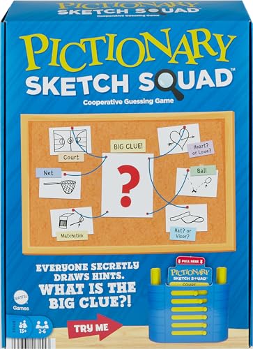 Mattel Games Pictionary Sketch Squad Cooperative Party Game with Clues Case, 2- to 6-Player Drawing Game