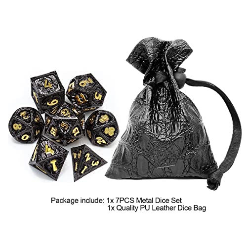 Haxtec Metal DND Dice Set Black Gold Metal D&D Dice with Fire-Breathing Dragon Elements & Leather Dice Bag Polyhedral Dice Compatible with Dungeons and Dragons TTRPG Gifts - color: Black Gold