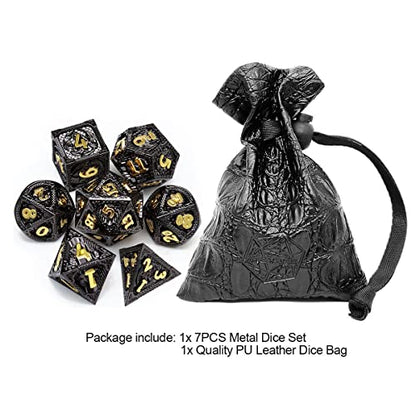 Haxtec Metal DND Dice Set Black Gold Metal D&D Dice with Fire-Breathing Dragon Elements & Leather Dice Bag Polyhedral Dice Compatible with Dungeons and Dragons TTRPG Gifts - color: Black Gold