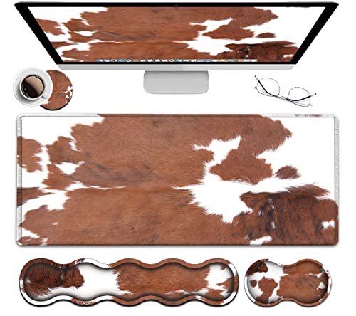 Large Mouse Pad and Gel Mouse Wrist Rest+ Memory Foam Keyboard Wrist Rest Support Set, Non-Slip Rubber Base for Office,Home,Computer,Extended Gaming Mousepads XXL Animal Skin Brown Cowhide Desk Mat - color: JV-mouse pad-8-19