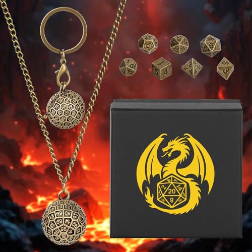 Mini DND Dice Set with Spherical 100-Sides Metal Cage Portable Keychain Necklace, Tiny 7pcs Polyhedral D&D Dice Set, DND Gifts with Gift Box, D&D Accessories for RPG, Bronze