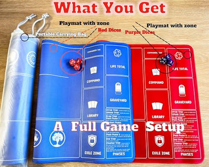 Card Game MTG Playmat for Beginner 2 Pack with Dices, Magic Mat Commander Deck Playmat for TCG MTG Accessories Play Mat 24x14 Inches Duel Card Battles, Red/Blue - color: Blue+red
