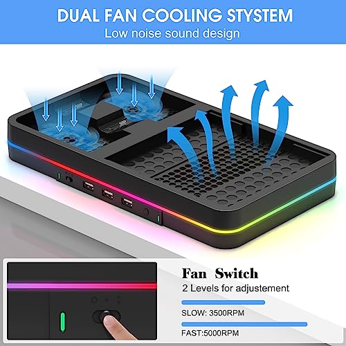KEPLUG Dual Cooling Fan and Cooling Stand for Xbox Series X/S Console/Controller Dual Controller Charger Station with RGB LED Light & 3 USB Ports,Xbox Series x Accessories with 2 Headphone Hooks - color: Black