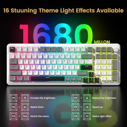 Redragon K742 Wireless Mechanical Gaming Keyboard with Knob, Bluetooth 5.0/2.4GHz/USB C Wired Creamy Keyboard with Number Pad for PC Computer, RGB Backlits, Hot-Swappable with Linear Switches (White) - color: White