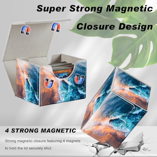 Magnetic Closure TCG Deck Box Portable Card Holder Trading Card Deck Box | PU Leather Collectible Card Case Game Trading Card Deck Box Storage Scratch Resistant Lining, Aerial Sunset Beach Ocean Wave - color: Aerial Sunset Beach Ocean Wave