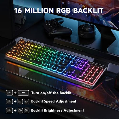 Free wolf M104 Wireless Gaming Keyboard with Numeric Keypad Tri-Mode(2.4Ghz/Wired/Bluetooth) Membrane Full Size Mechanical Feel Metal Panel RGB 4000MAH Rechargeable Quiet for PC/MAC/Win Gamer-Black - color: Black